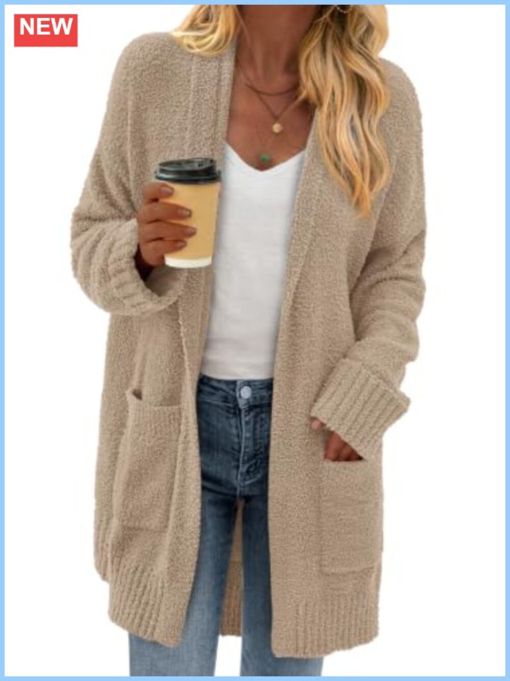 Chunky Fuzzy Knit Cardigan Long Open Front Sweater Coat with Pockets